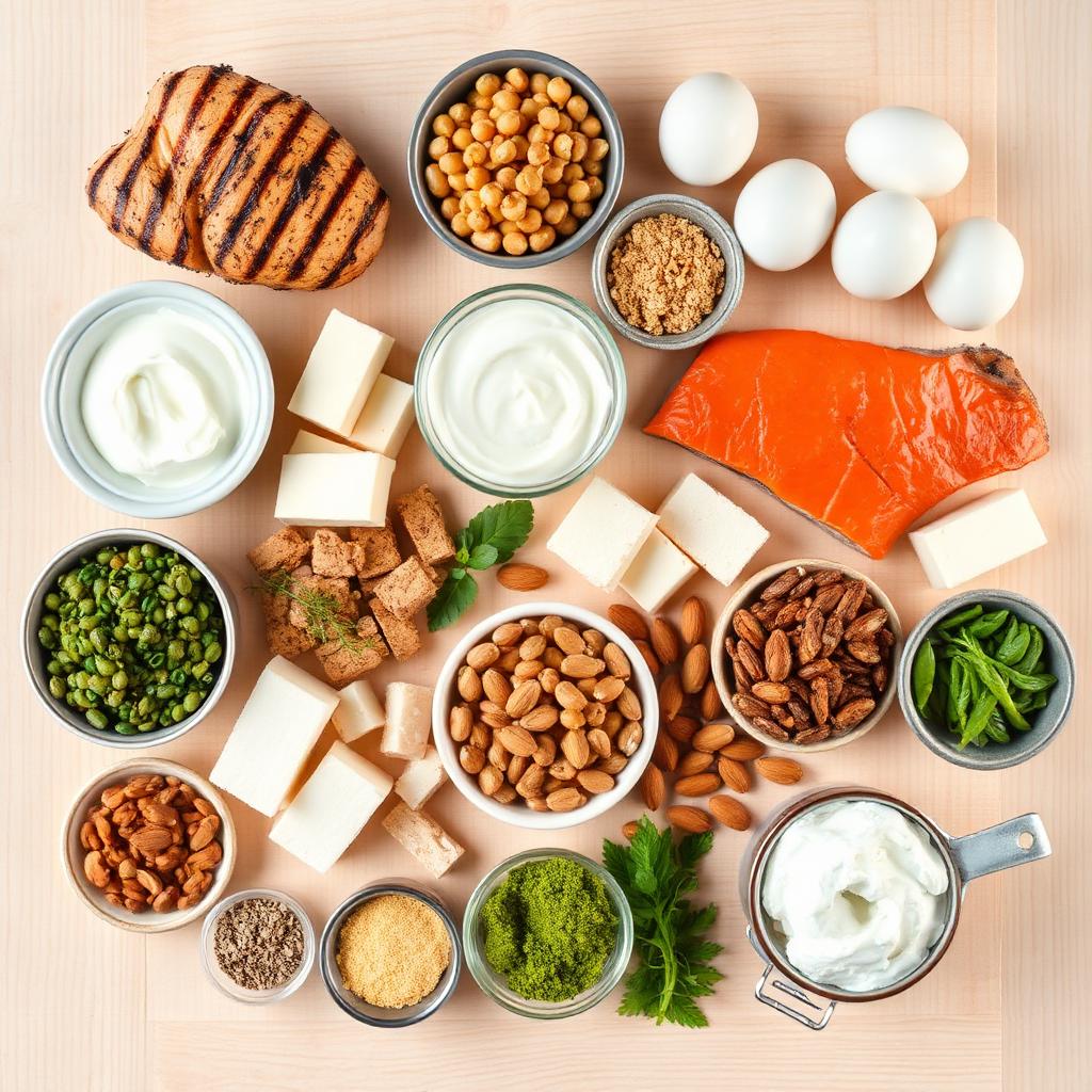 Overhead spread of high-protein foods including chicken breast, salmon, eggs, Greek yogurt, cottage cheese, tofu, tempeh, lentils, almonds, and protein powder on a light wooden table.