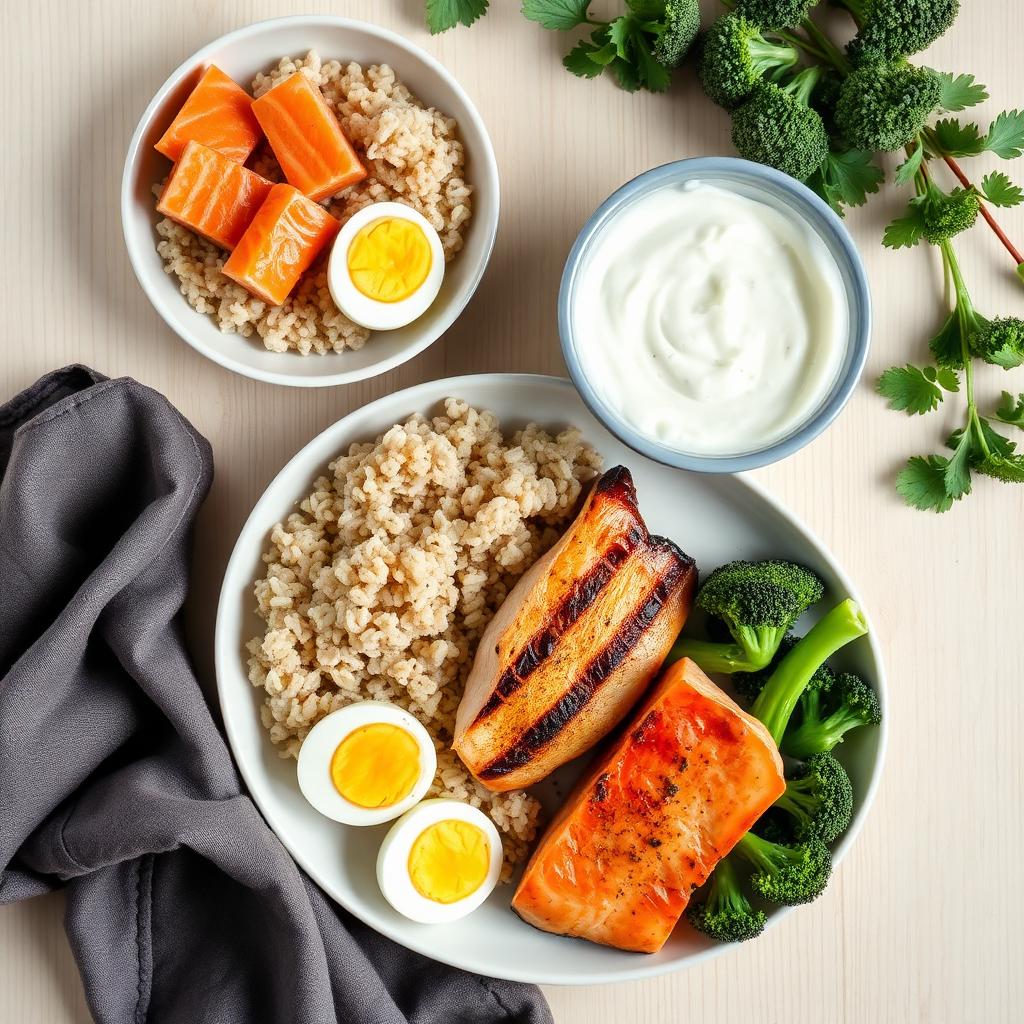 Overhead view of a high-protein meal — grilled chicken, salmon, brown rice, boiled eggs, broccoli, and greek yogurt on a wooden table.