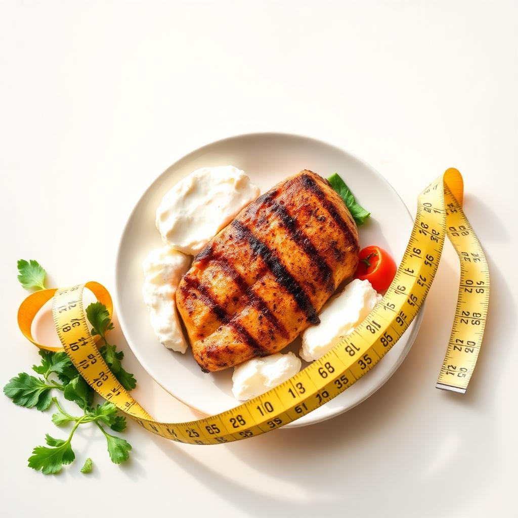 Grilled chicken breast and cottage cheese on a plate wrapped in a measuring tape, symbolizing a high-protein diet for weight loss.