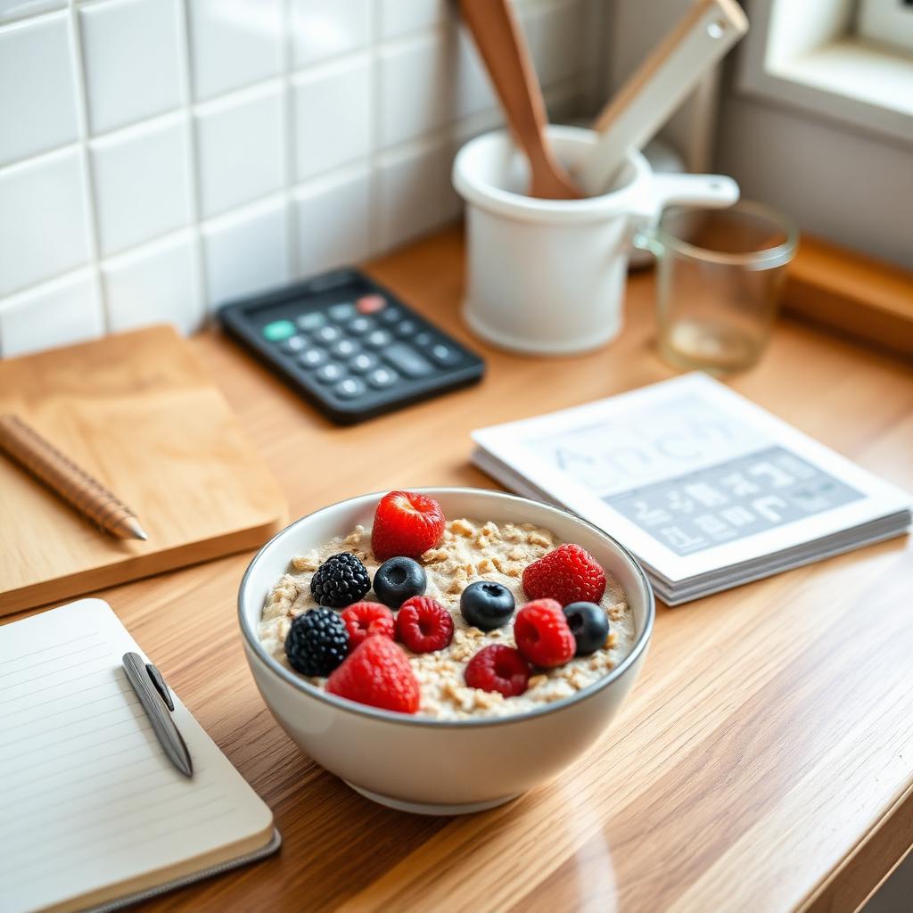 A bowl of oatmeal with berries on a kitchen counter next to a calculator, notebook, and measuring cup.