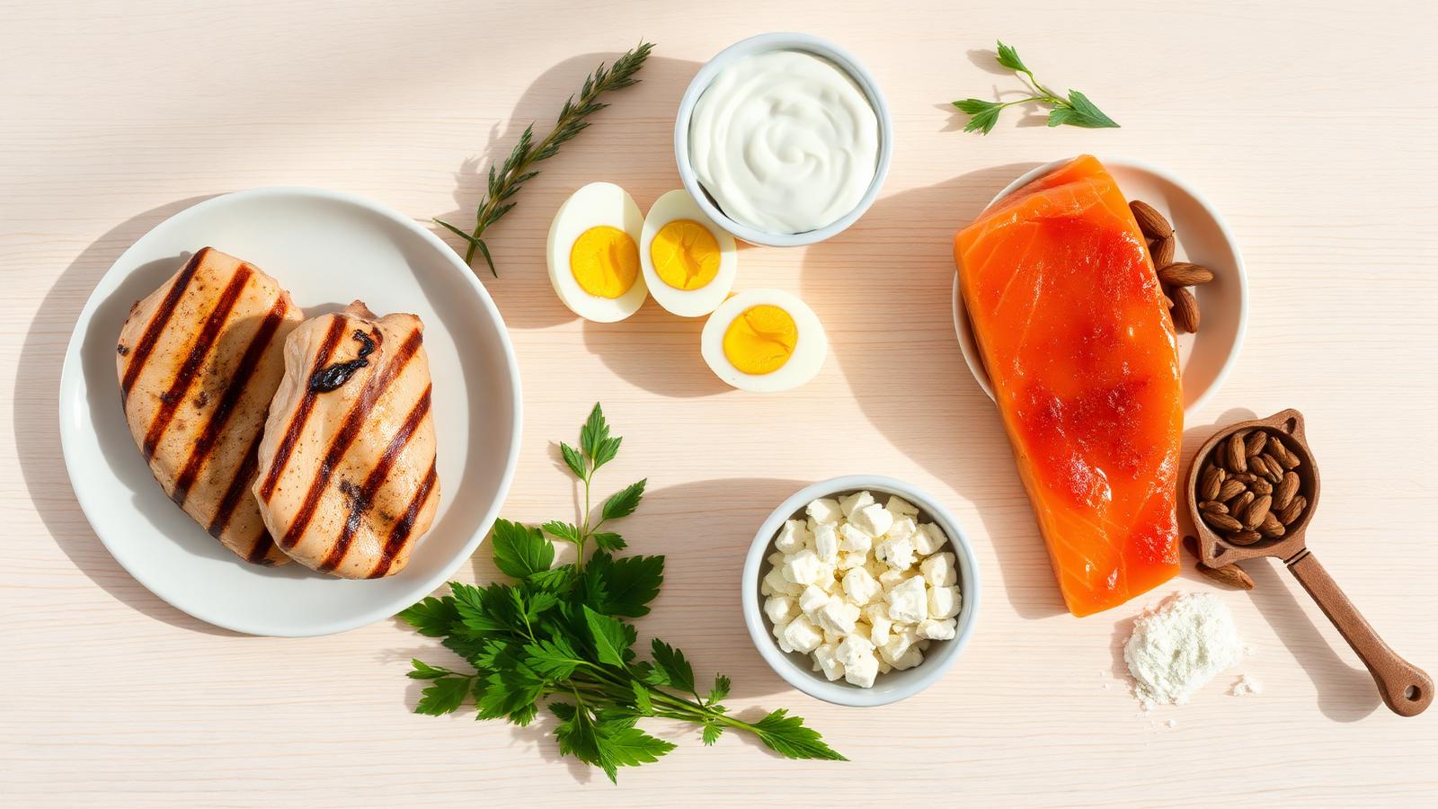 Overhead view of high-protein foods — grilled chicken, eggs, Greek yogurt, salmon, cottage cheese, almonds, and protein powder — on a light wooden surface.